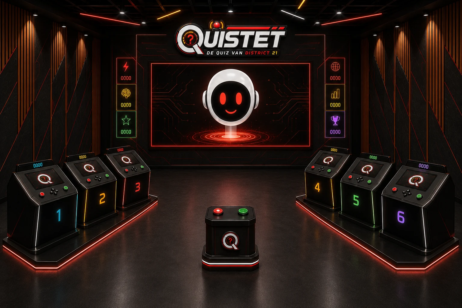 Conceptontwerp van de Quistet-arena, met zes verlichte spelersdesks en de AI-host op een groot scherm